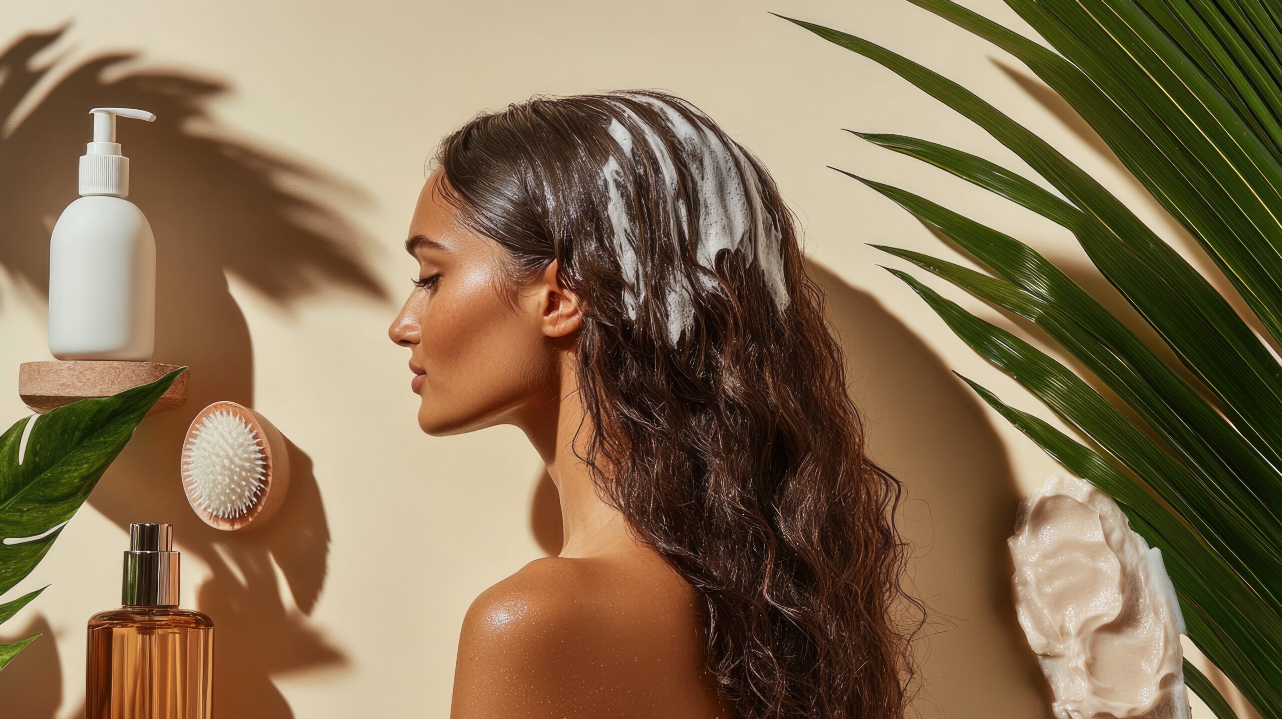 woman with wet hair glowing skin applying hair mask scaled